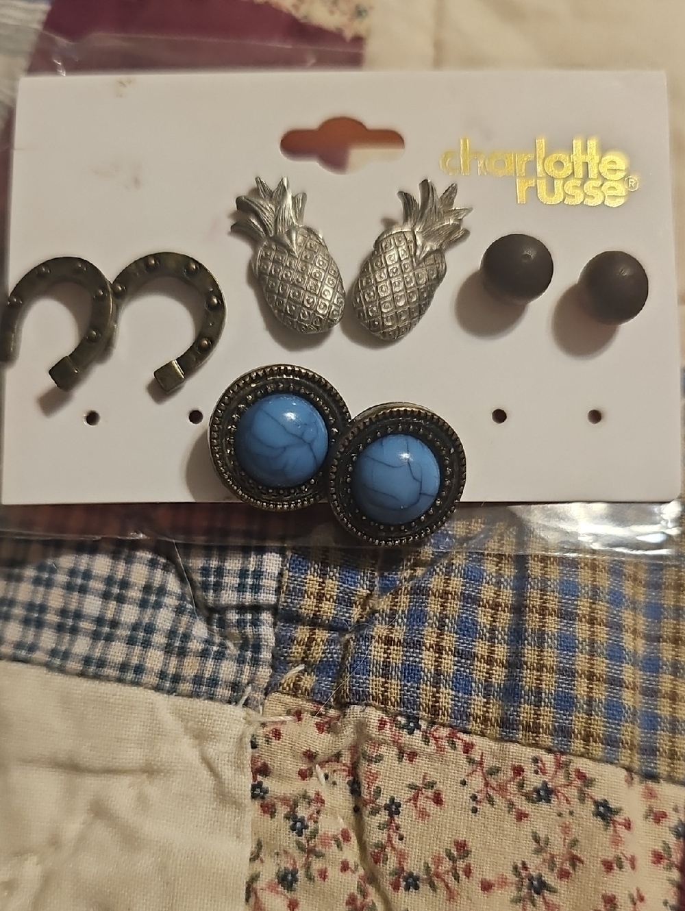 Charlotte Russe Silver Pineapple & Turquoise Stone Stud Earring Set